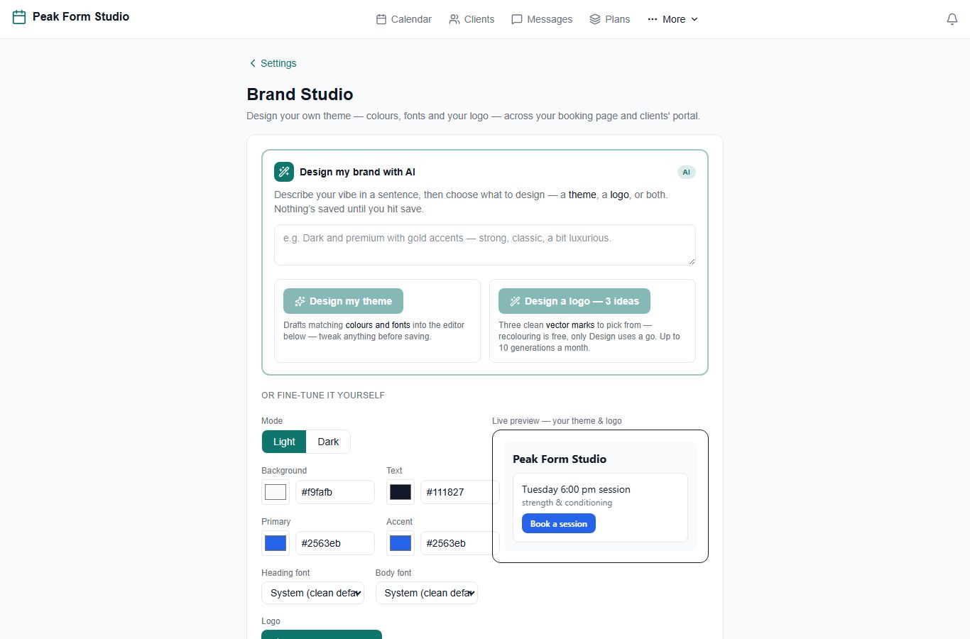 In Brand Studio, set your colours, fonts and logo — or describe your vibe and let AI draft a theme and logo ideas. Everything stays contrast-checked and readable.