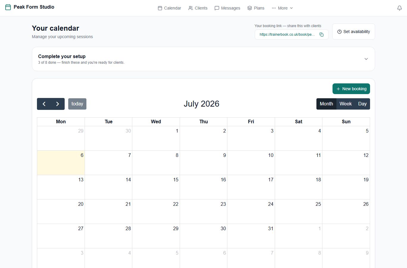 Your booking link sits at the top of your dashboard. Copy it and share it anywhere — clients book straight from it, no account required.